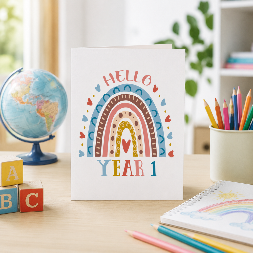 Personalised new school year card with hearts and a hand-drawn rainbow design