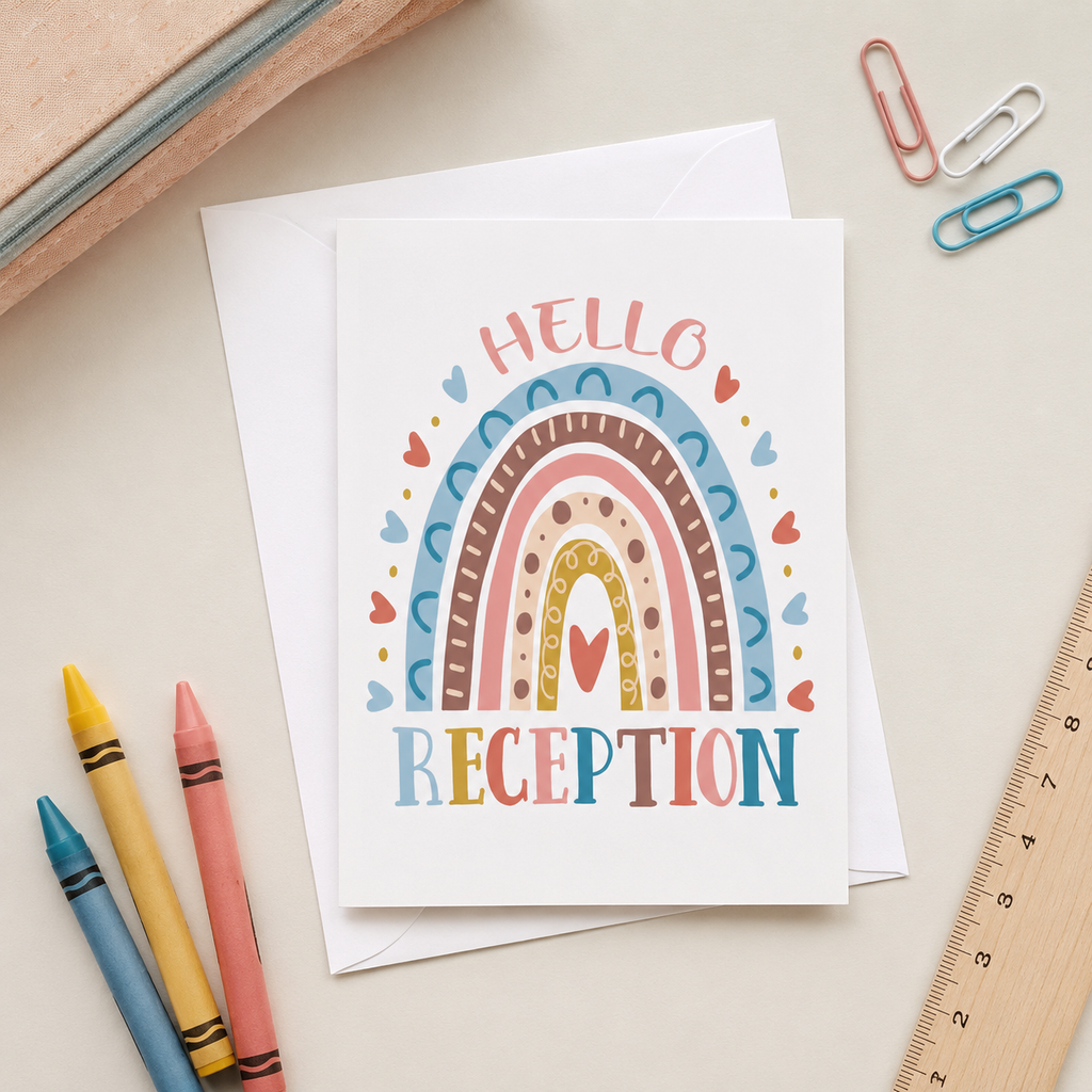 Personalised reception card with a hand-drawn rainbow and hearts, ready for a child starting school