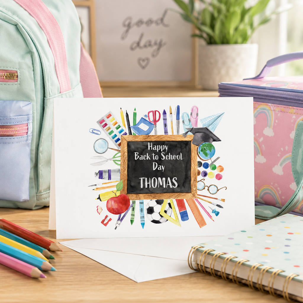 Personalised back to school card with chalkboard, stationery and the name 'Thomas'