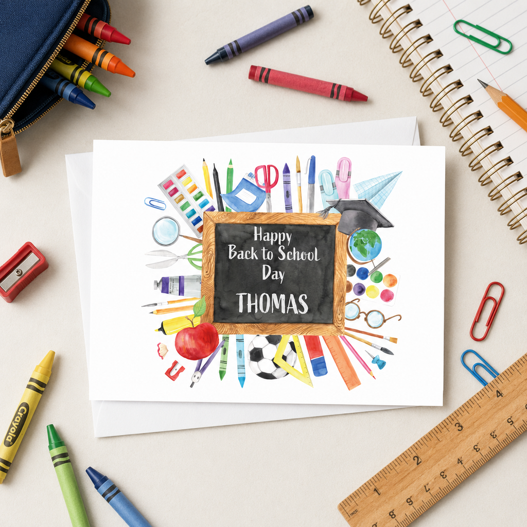 Personalised back to school chalkboard card with stationery design