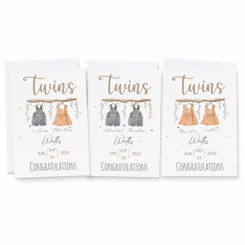 Personalised twins new baby card, alternate watercolour design