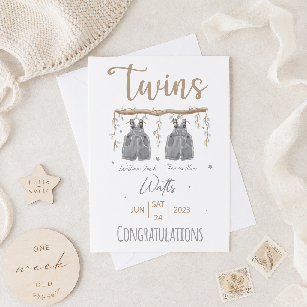 Personalised twins new baby card with watercolour outfits design