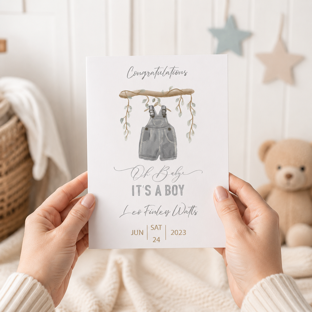 Personalised new baby boy card with watercolour dungarees design