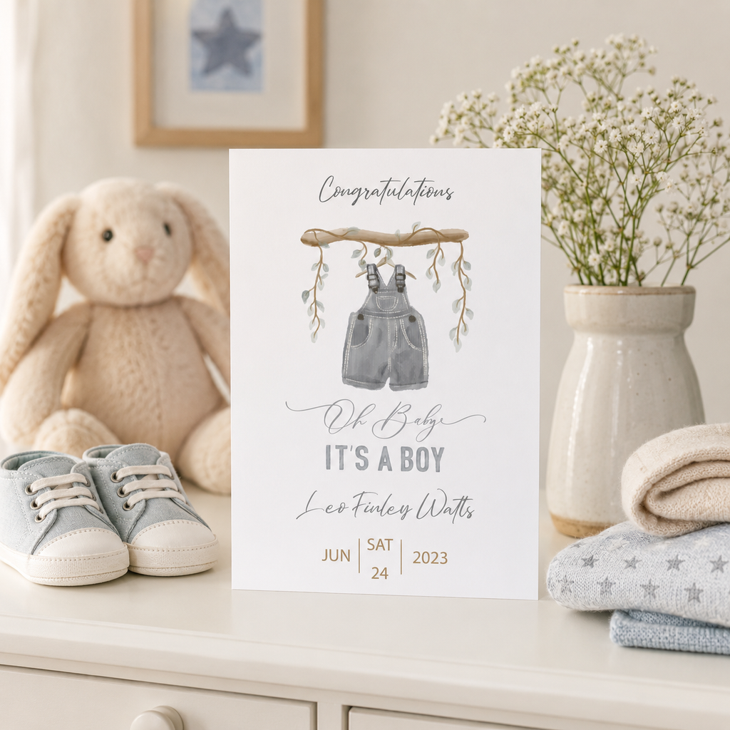 Personalised new baby boy card with watercolour dungarees, 'It's a boy' and the name 'Leo Finley Watts'