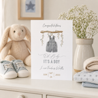 Personalised new baby boy card with watercolour dungarees, 'It's a boy' and the name 'Leo Finley Watts'