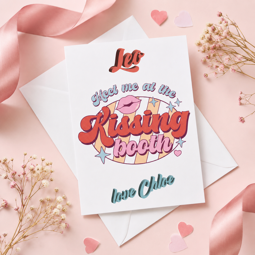 Retro personalised 'Meet me at the kissing booth' card with lips print