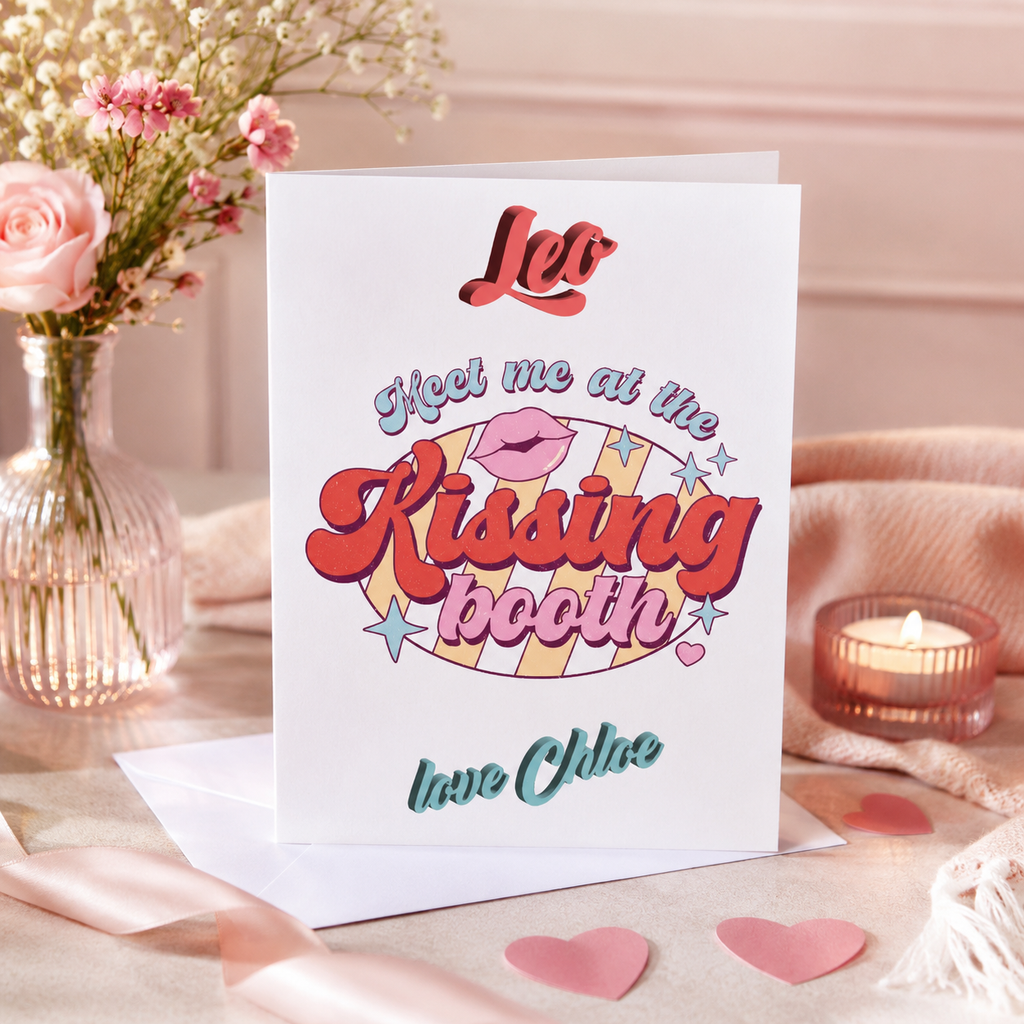 Personalised card with retro lips reading 'Meet me at the kissing booth' and two names
