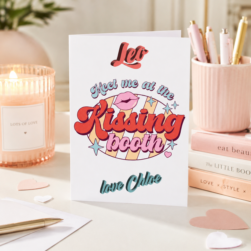 Personalised 'Meet me at the kissing booth' card with retro lips design, shown on a table