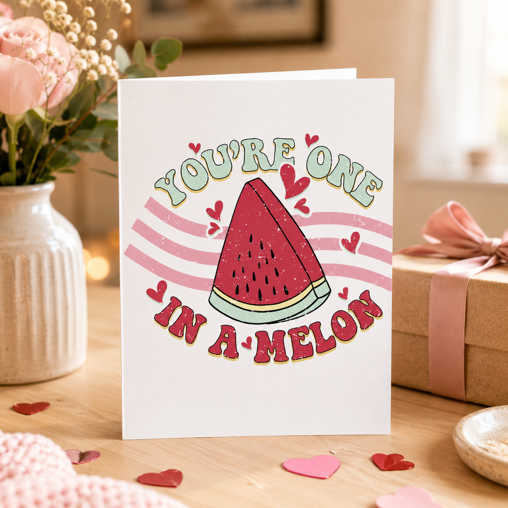 Valentine's card with a watermelon slice reading 'You're one in a melon'