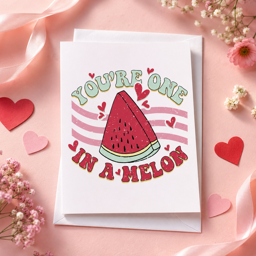 Funny watermelon 'You're one in a melon' Valentine's card with hearts print