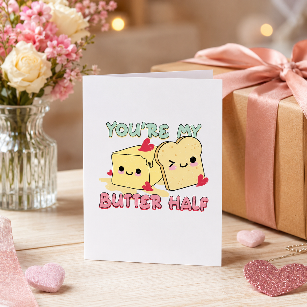 Valentine's card with butter and toast characters reading 'You're my butter half'