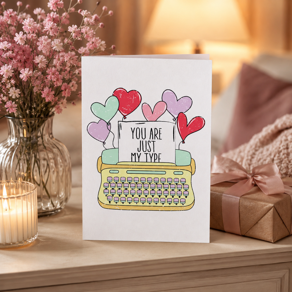 Funny 'You are just my type' Valentine's card with typewriter design, shown on a desk
