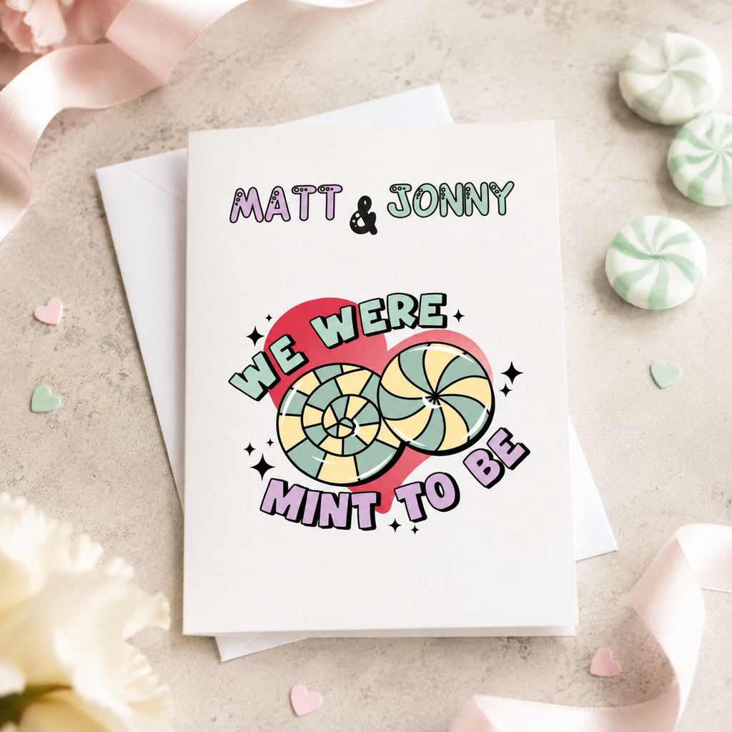 Personalised Valentine's card reading 'We were mint to be' with mint sweets, heart and two names