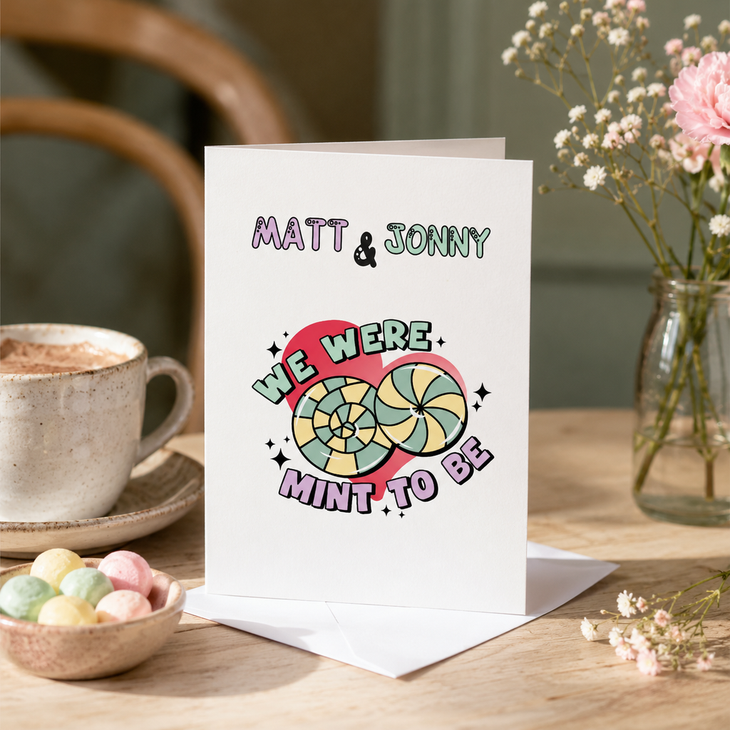 Personalised 'We were mint to be' Valentine's card with mint sweets design, shown on a table