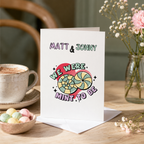 Personalised 'We were mint to be' Valentine's card with mint sweets design, shown on a table