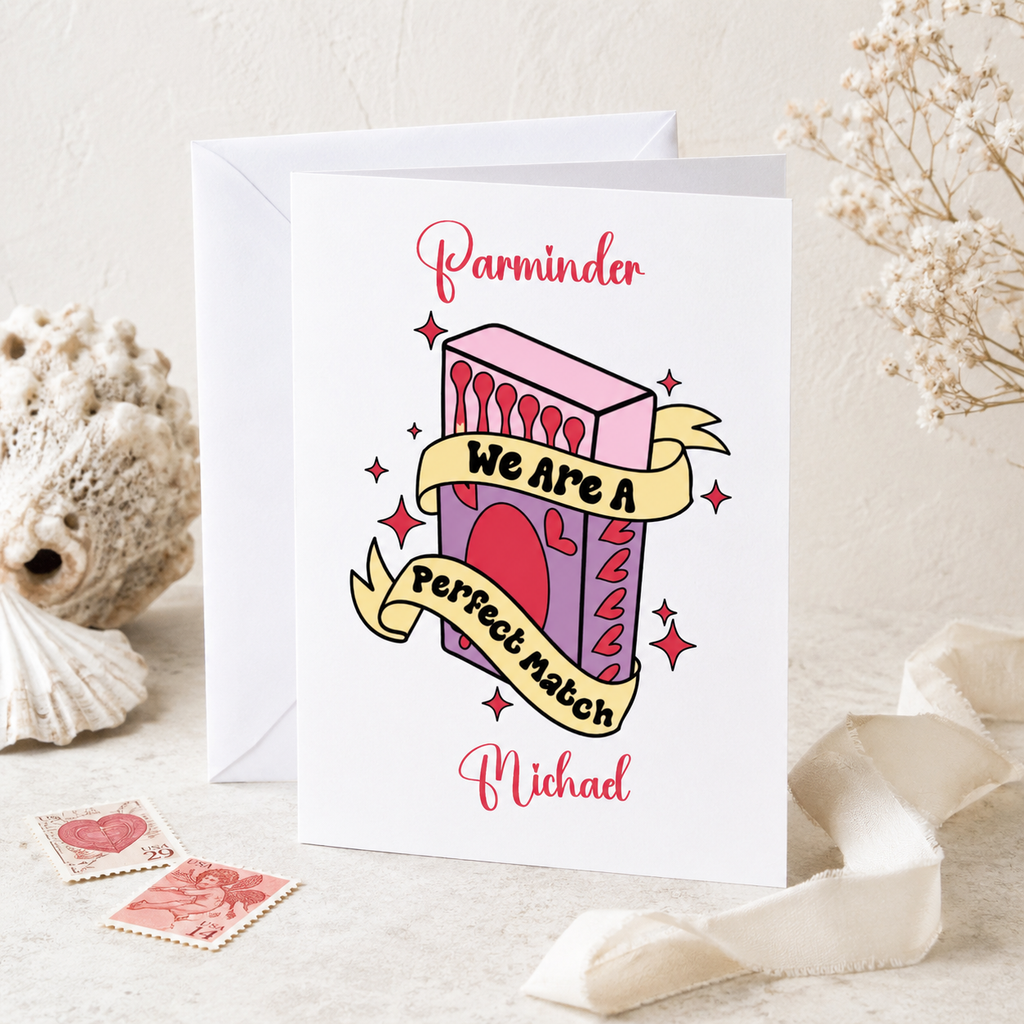 Personalised perfect match Valentine's card with retro matchbox design, shown on a table