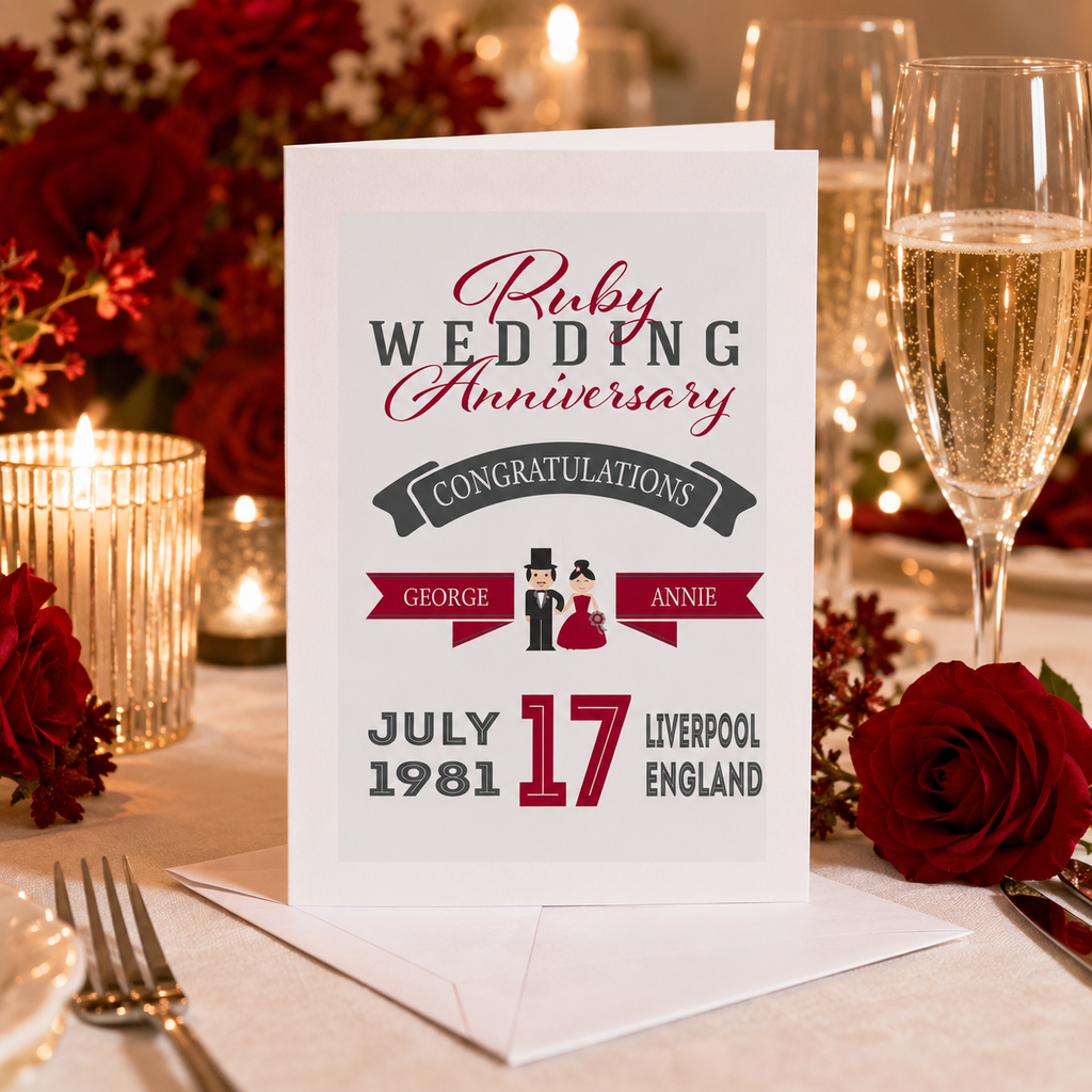 Personalised Ruby Wedding Anniversary card with names, date and place in red and grey