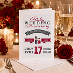 Personalised Ruby Wedding Anniversary card with names, date and place in red and grey