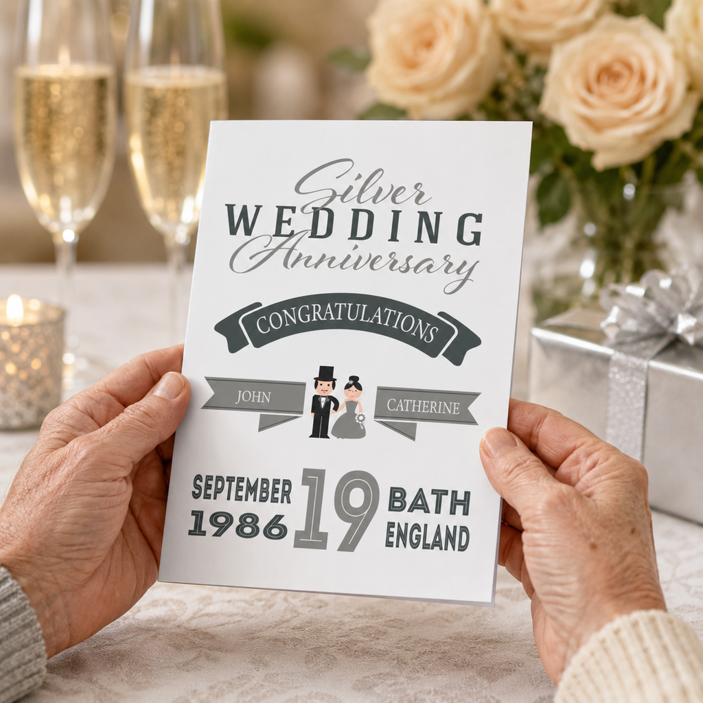 Personalised Silver Wedding Anniversary card with custom couple names and details