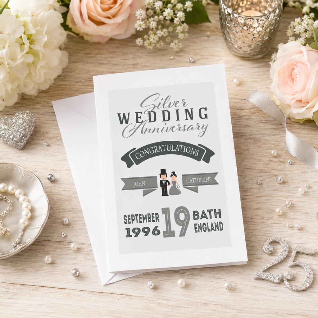 Personalised silver anniversary card styled with a candle and gift