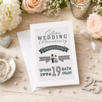 Personalised silver anniversary card styled with a candle and gift
