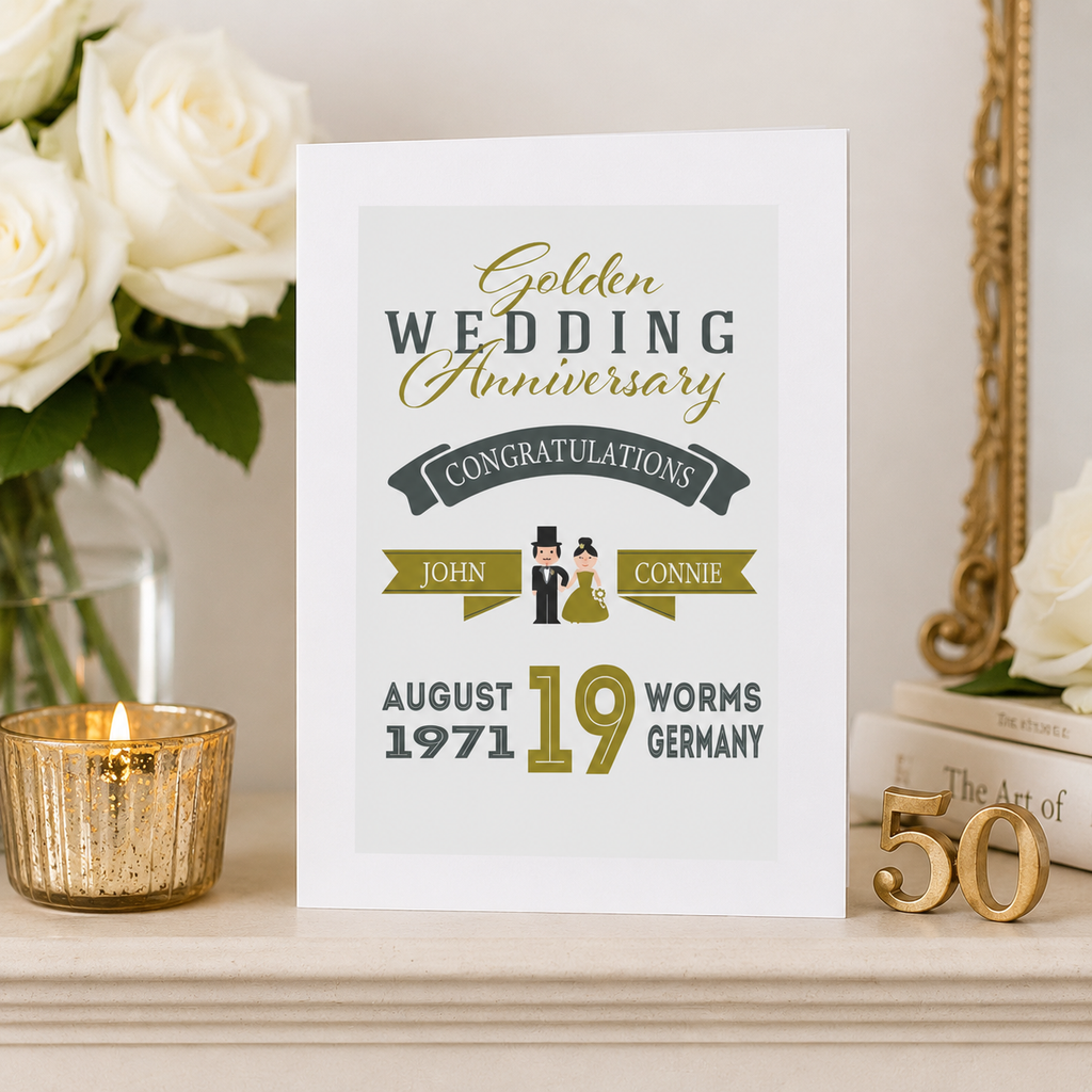 Personalised Golden Wedding Anniversary card with names, date and place in green and gold