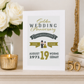 Personalised Golden Wedding Anniversary card with names, date and place in green and gold