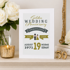 Personalised Golden Wedding Anniversary card with names, date and place in green and gold