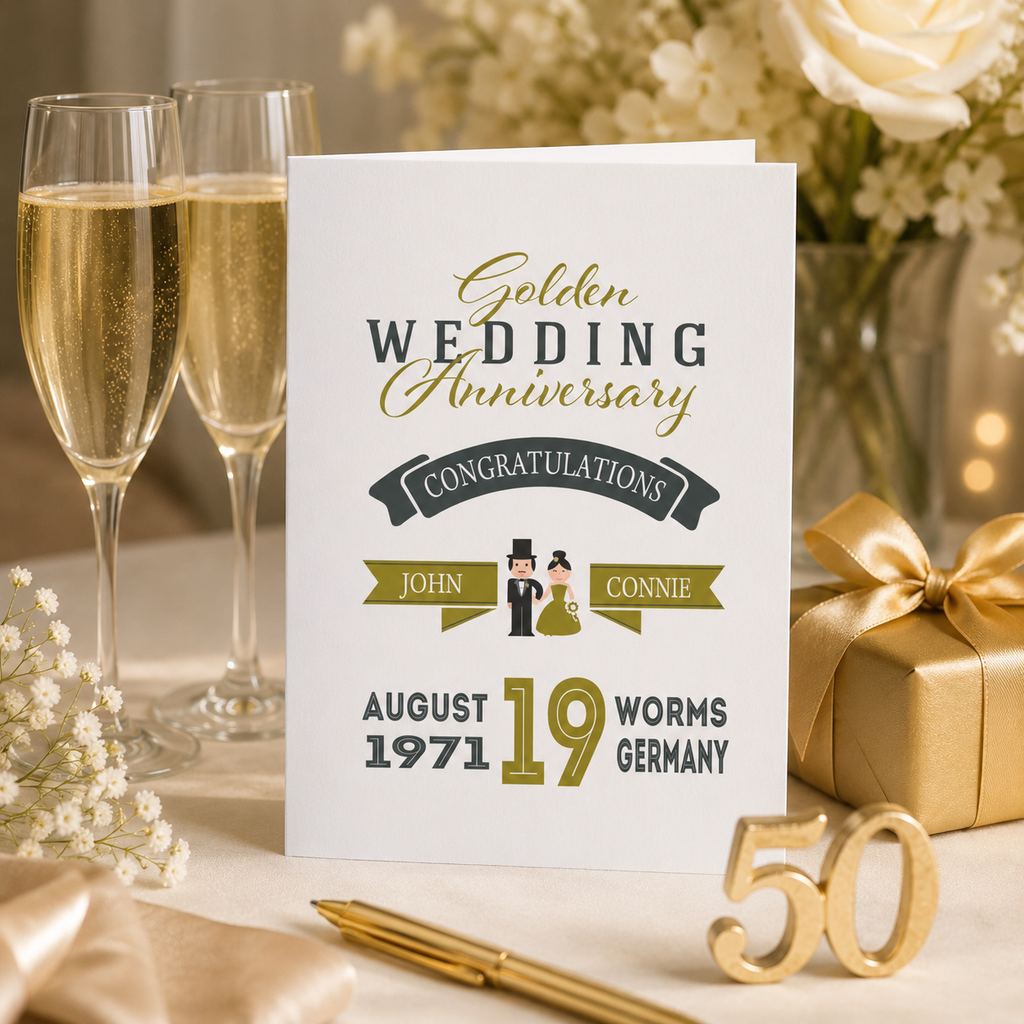 Personalised golden anniversary card styled with white roses and a candle