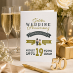 Personalised golden anniversary card styled with white roses and a candle