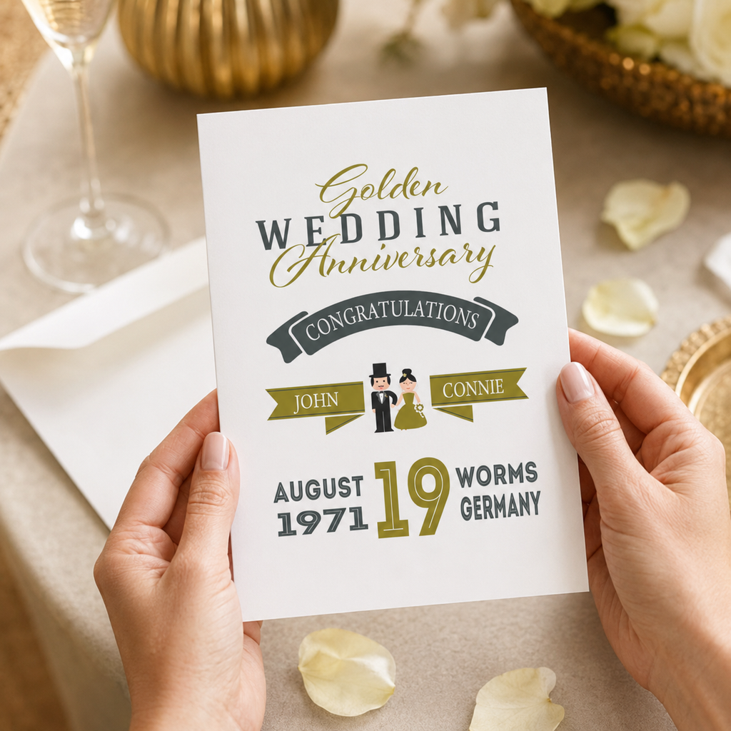 Personalised Golden Wedding Anniversary card with custom couple names and details