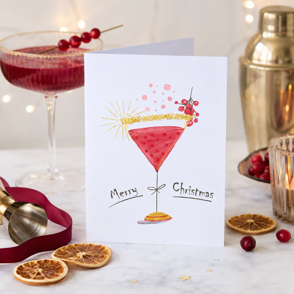 Christmas card with a pink cocktail and sparkler illustration, 'Merry Christmas'