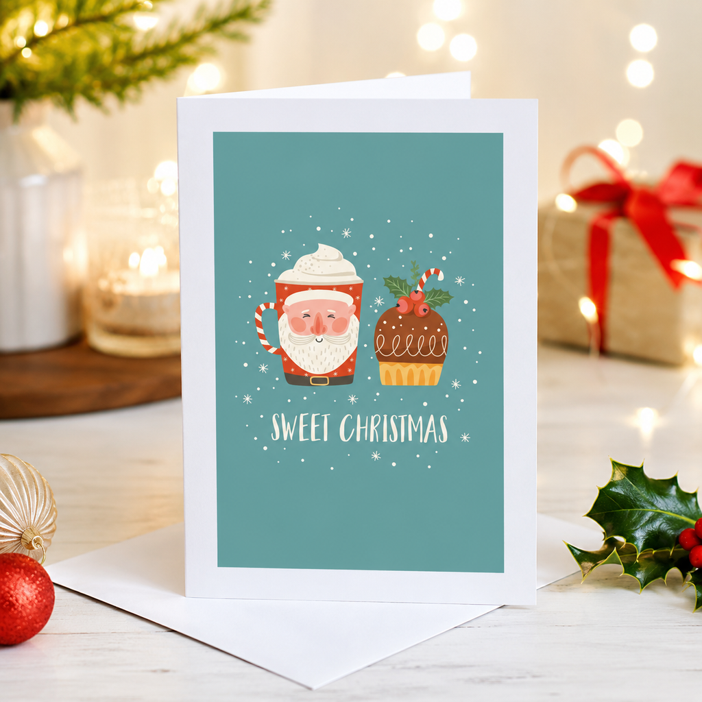 Festive 'Sweet Christmas' card with cute Santa and pudding illustration