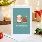 Festive 'Sweet Christmas' card with cute Santa and pudding illustration