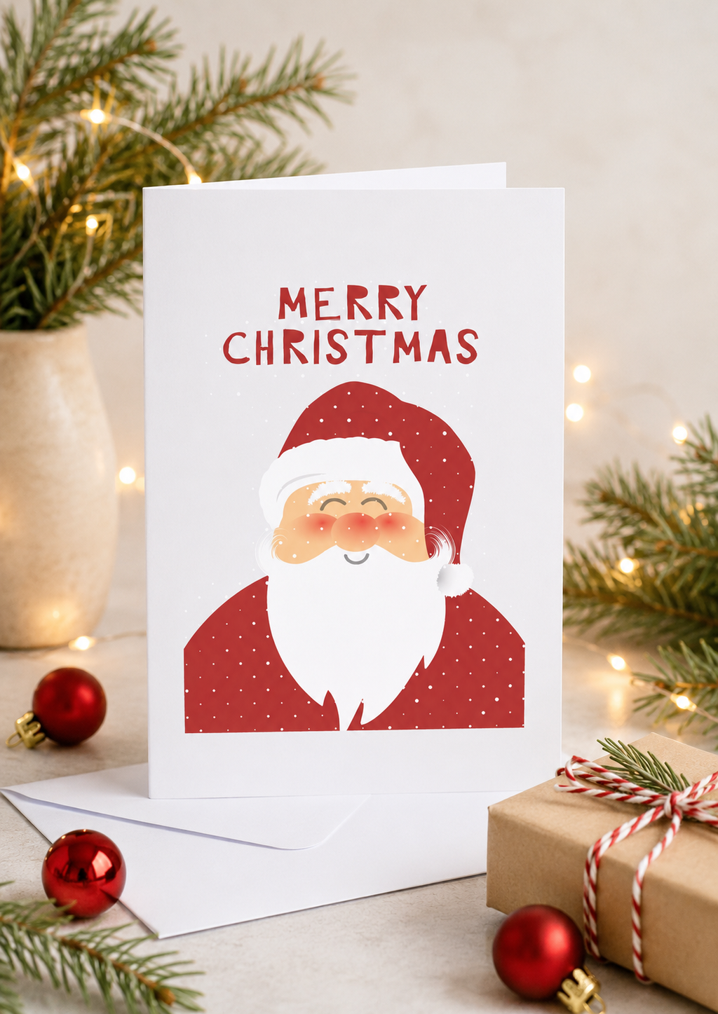 Modern 'Merry Christmas' Santa card styled with festive baubles and foliage