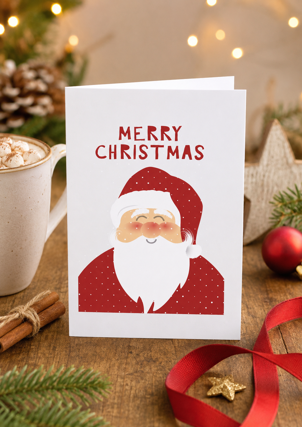 'Merry Christmas' card with a cheerful illustrated Santa in a red suit