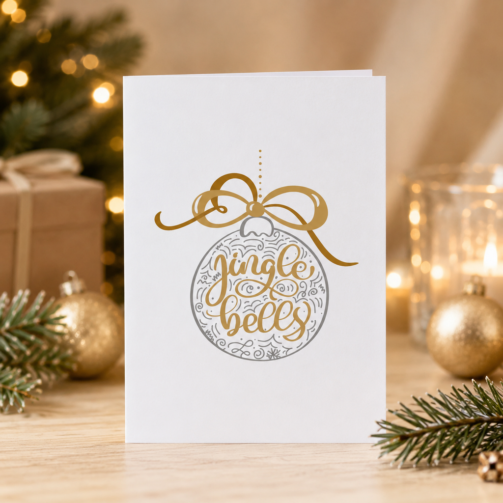 Christmas card with a gold foil bauble and bow reading 'Jingle Bells' on a white background