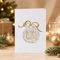 Christmas card with a gold foil bauble and bow reading 'Jingle Bells' on a white background