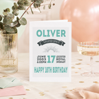 Personalised vintage birthday card with name, birth date and place of birth in retro lettering