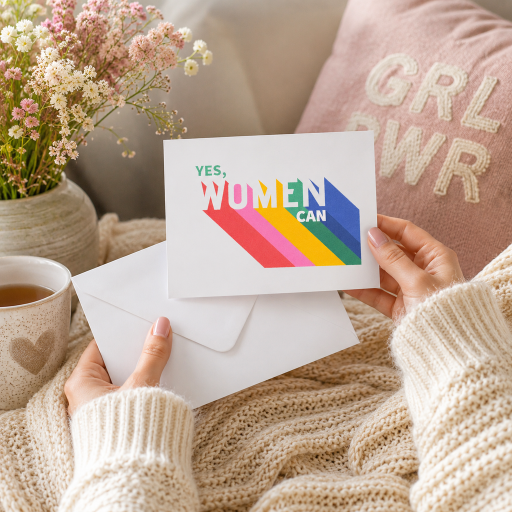 Empowering 'Yes, Women Can' card with colourful rainbow type