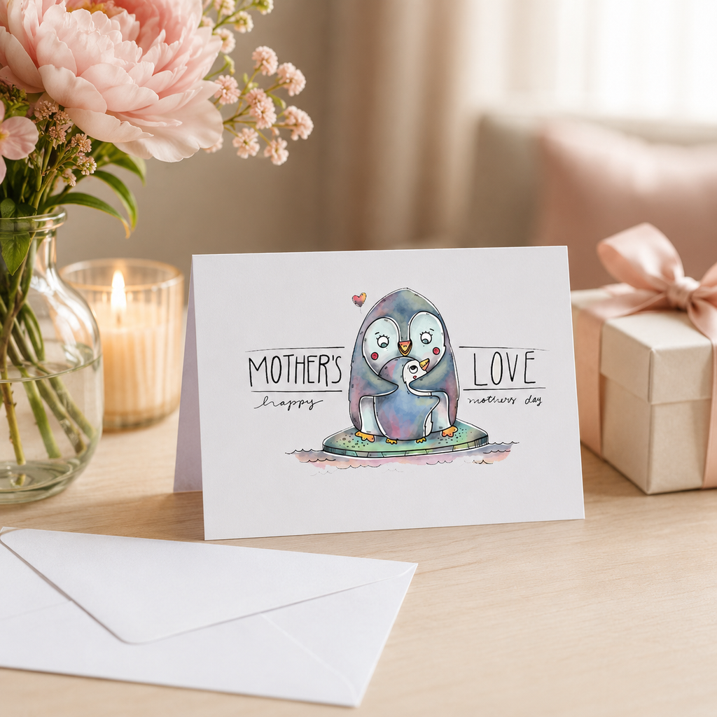 Mother's Day card with two hugging penguins reading 'Mother's Love', beside spring flowers