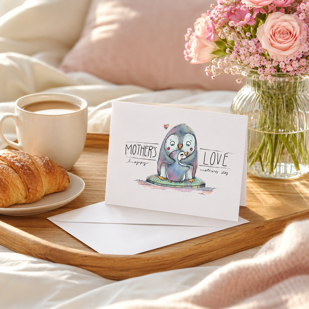 Penguin Mother's Day card with a sweet watercolour design