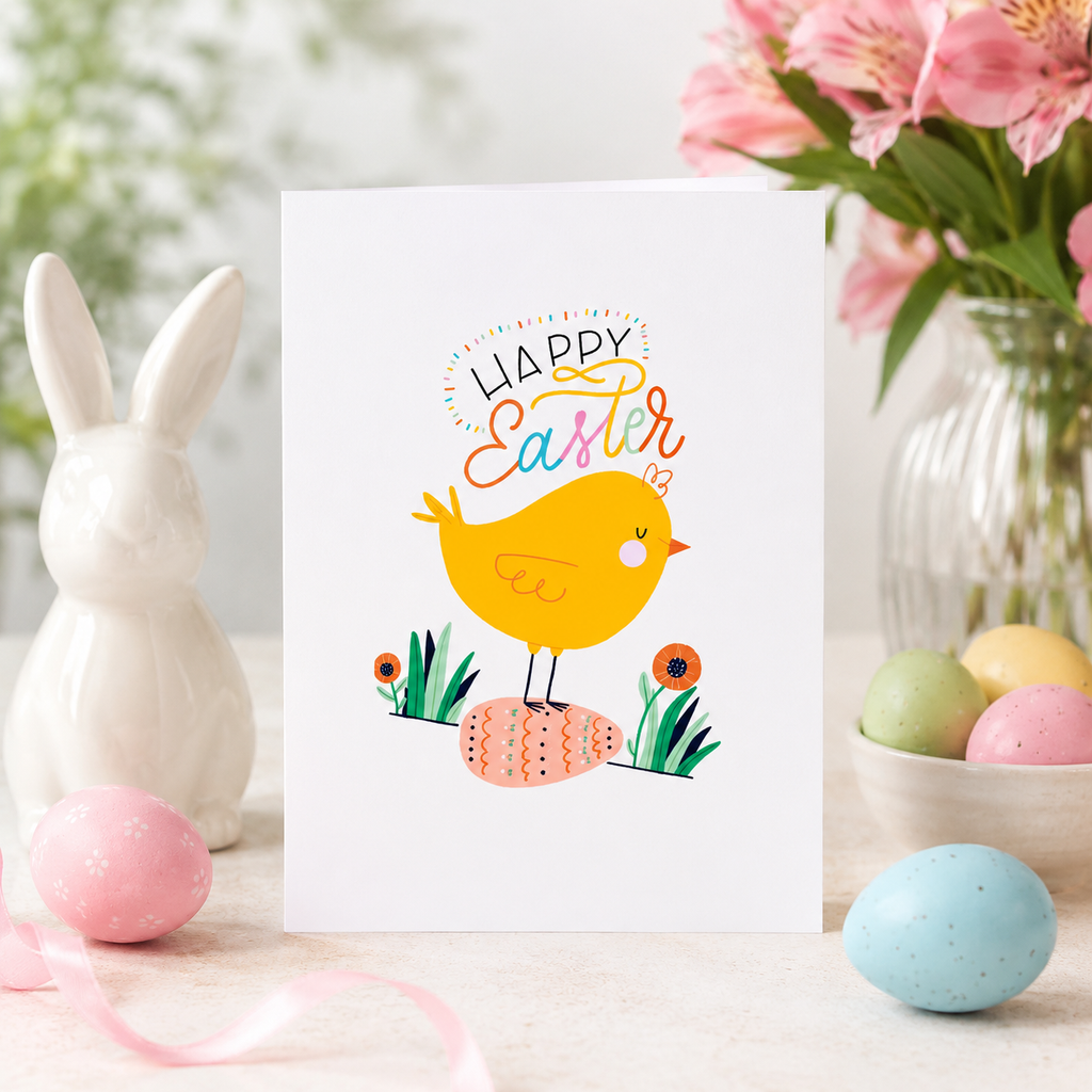 Yellow chick 'Happy Easter' card, a cheerful spring greeting