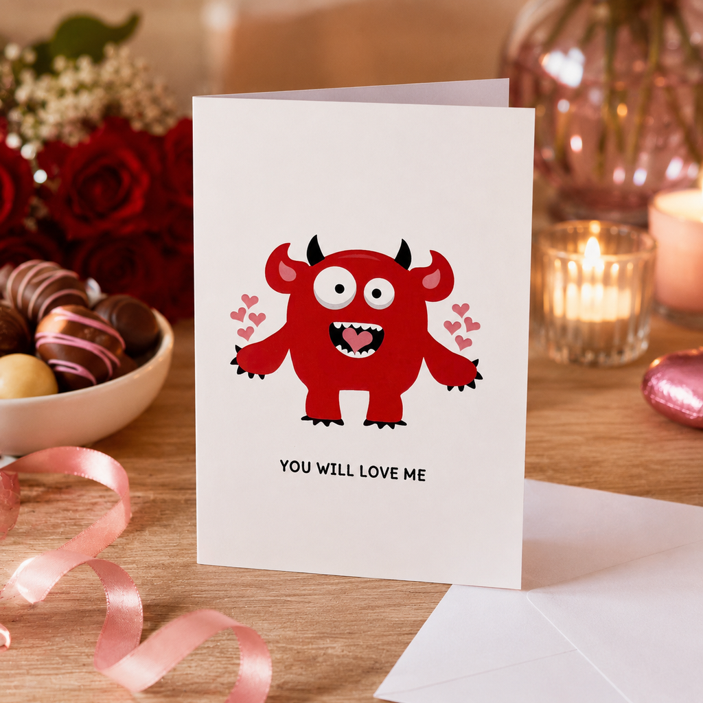 Cheeky monster Valentine's card with hearts beside flowers
