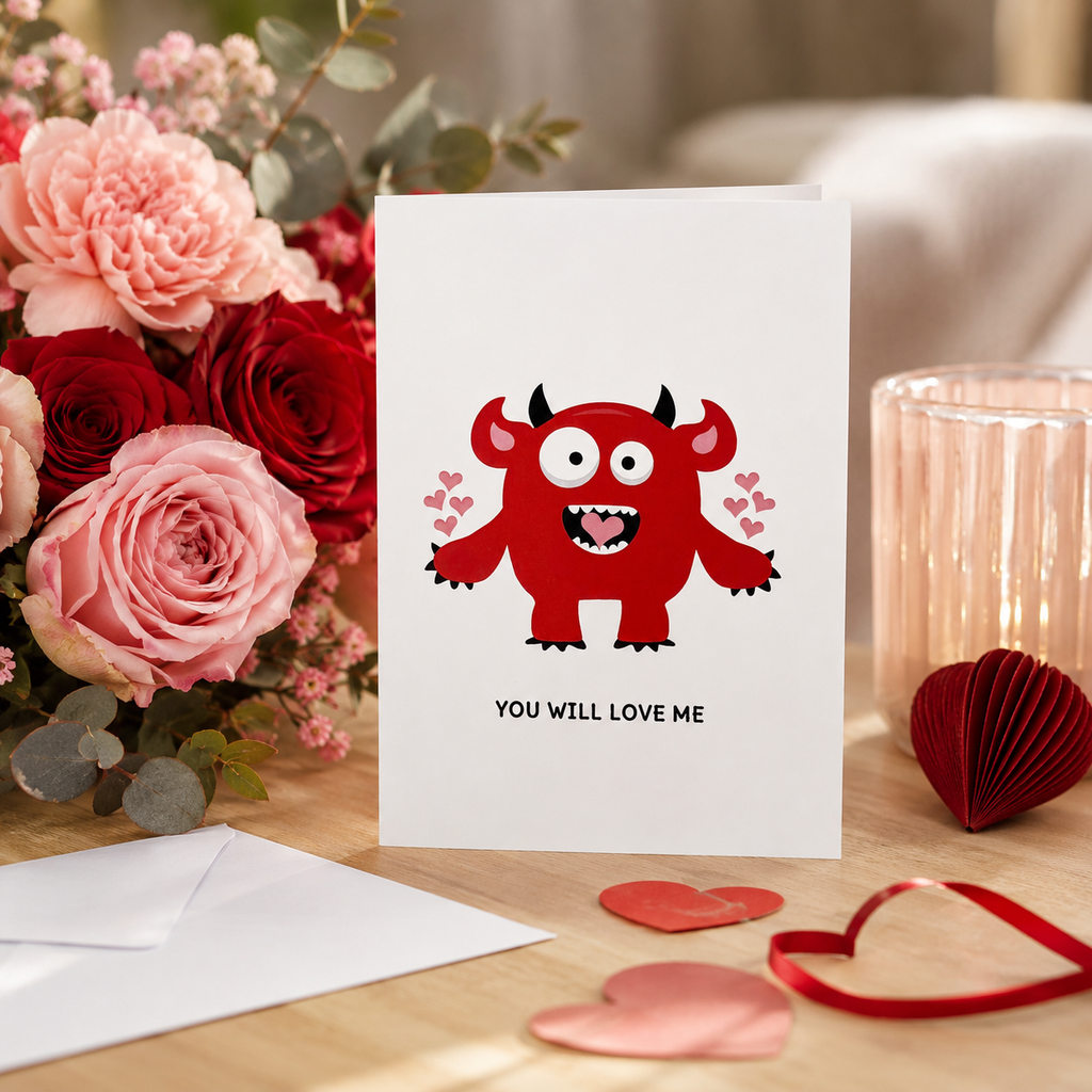 Funny Valentine's card with a red horned monster and hearts, reading 'You will love me'