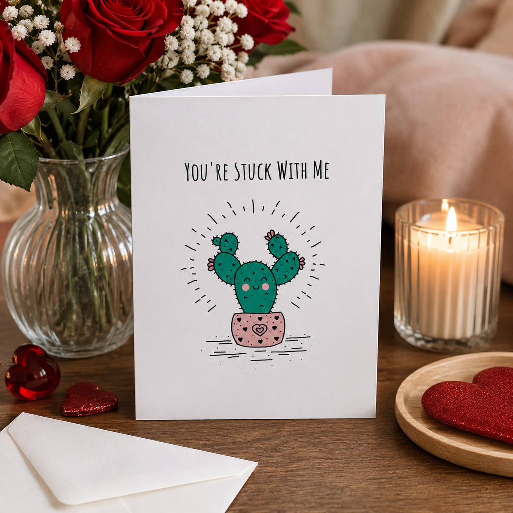 Funny Valentine's card with a smiling cactus, reading 'You're stuck with me'