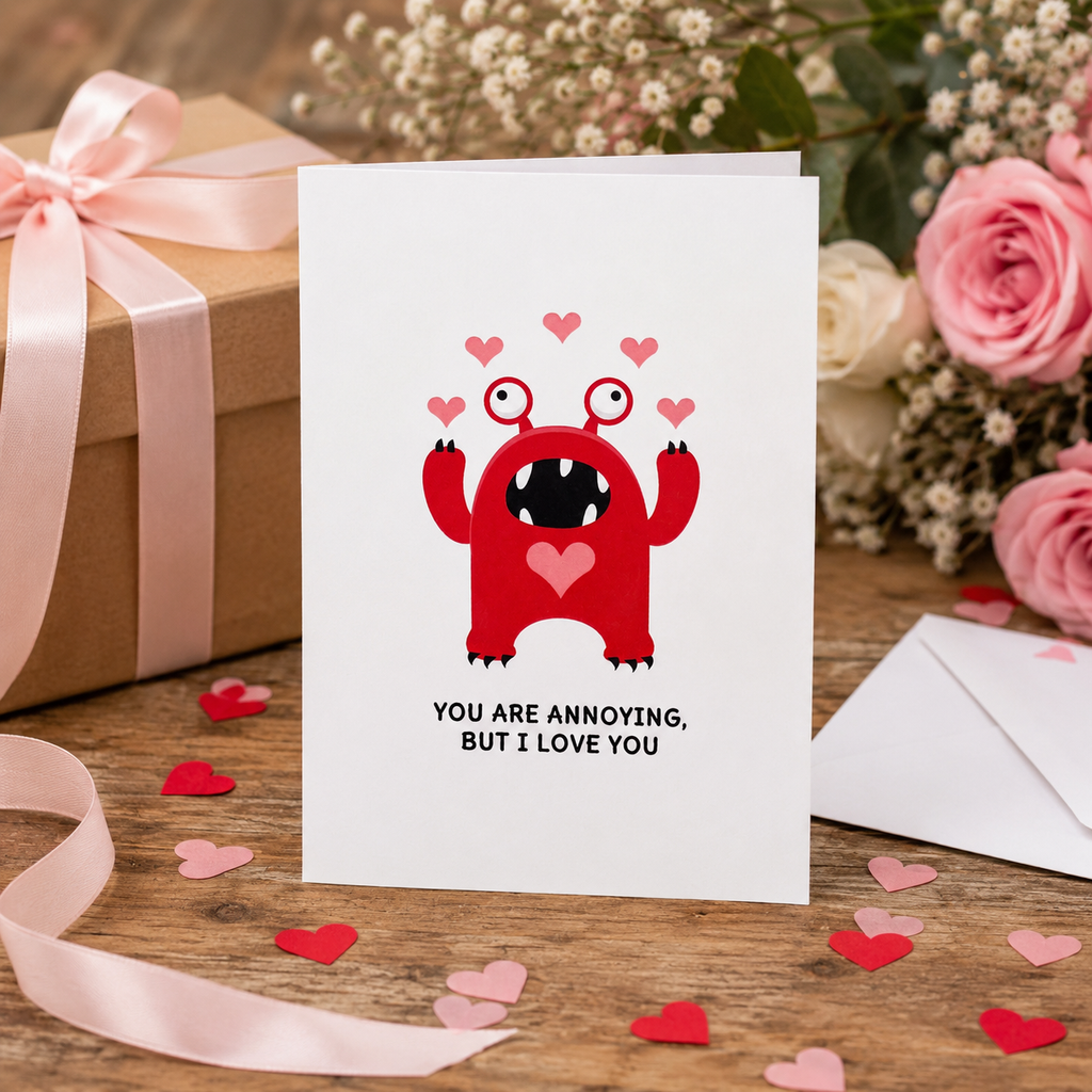 Funny Valentine's card with a red monster and hearts, reading 'You are annoying, but I love you'