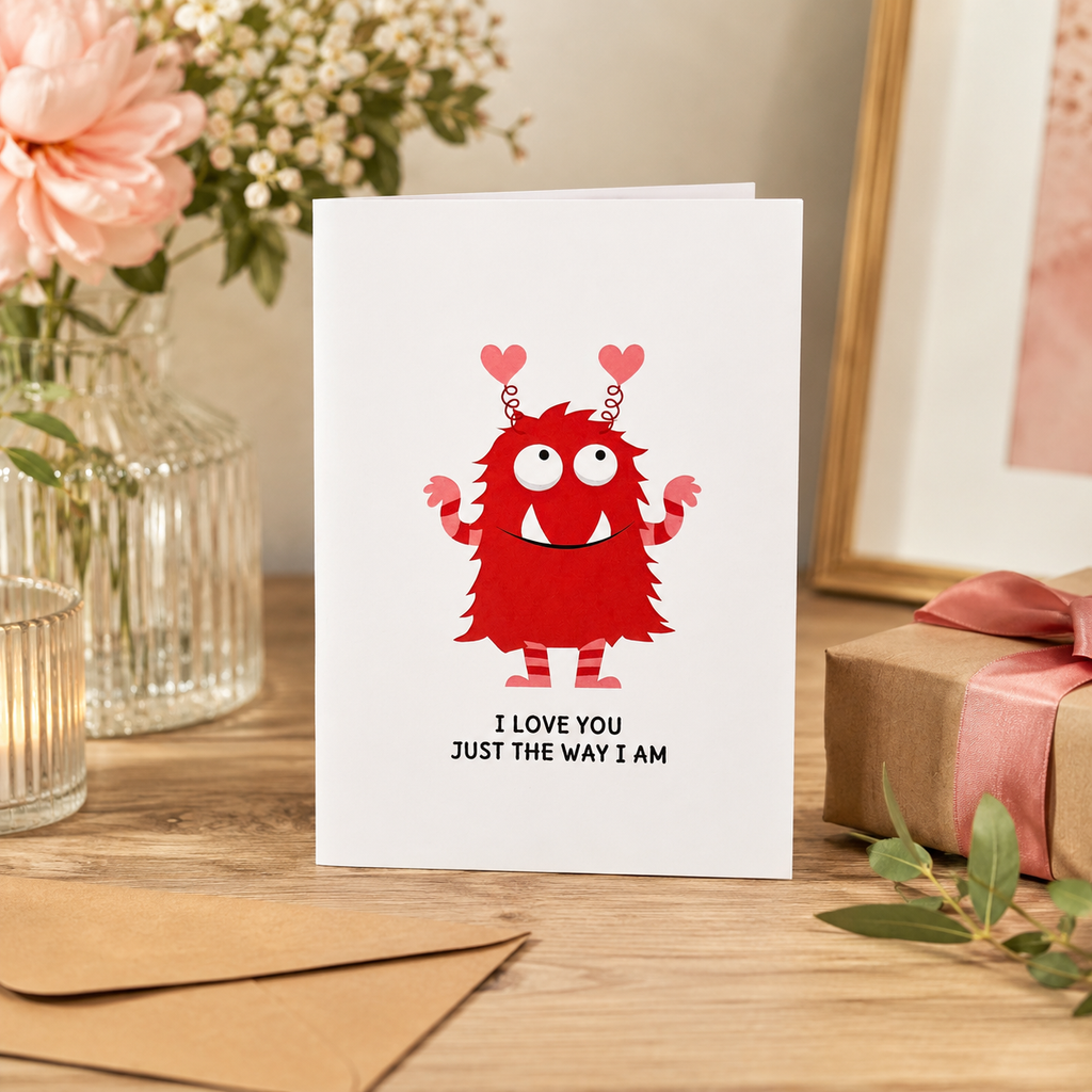 Funny Valentine's card with a red monster and hearts, reading 'I love you just the way I am'