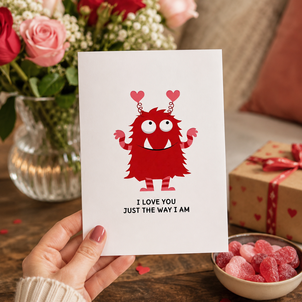 Funny monster Valentine's card with hearts, propped on a table