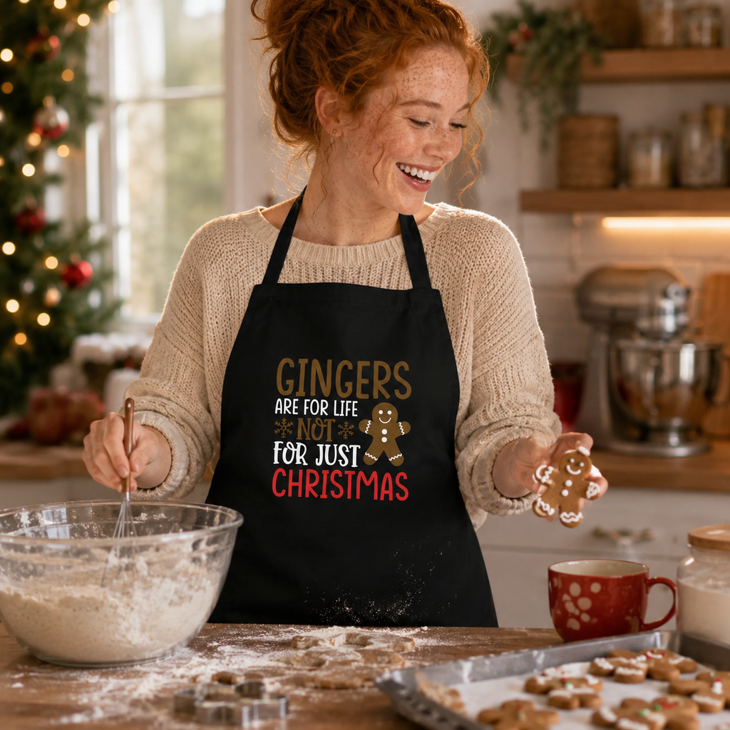'Gingers Are For Life Not Just For Christmas' apron with cheerful gingerbread artwork